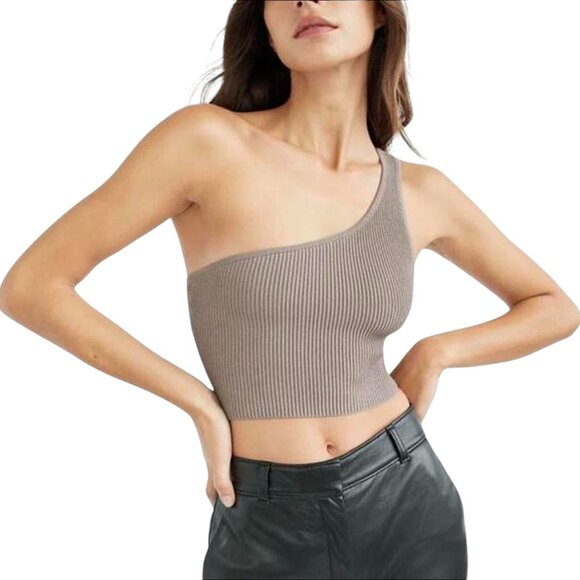 Babaton Grey One Shoulder Ribbed Sculpt Knit Cropped Top Sz L - Picture 1 of 9